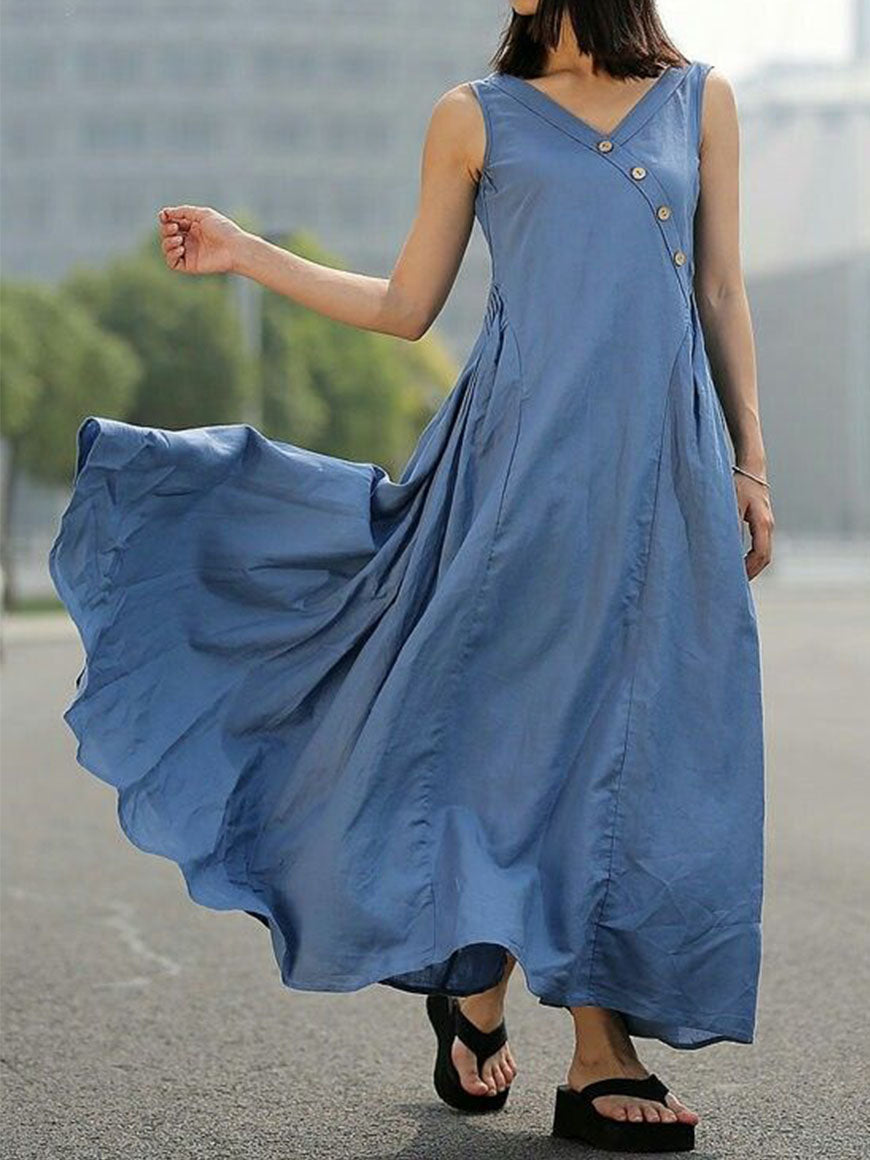 Solid V-Neckline Sleeveless Maxi X-line Dress