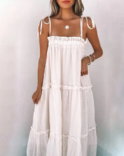 Load image into Gallery viewer, Women&#39;s White Solid Ruffle Trim Tie Flared Hem Cami Dress
