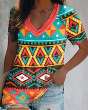 Load image into Gallery viewer, Vintage Geo Print V Neck Short Sleeve Multicolor Loose T-shirts
