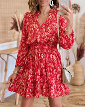 Load image into Gallery viewer, Women&#39;s Boho Ditsy Floral Notched Neck Long Sleeve Shirred Waist Mini Dress
