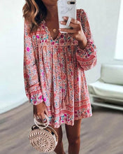 Load image into Gallery viewer, Women&#39;s Boho Floral Long Sleeve Notched Neck Tassel Detail Mini Dress
