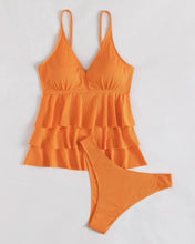 Load image into Gallery viewer, Orange Layered Hem Rib-knit Tankini Swimsuit
