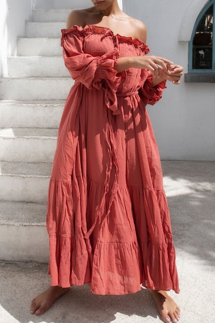 Women's Elegant Cold Shoulder Split Thigh Romantic RedSolid Dress