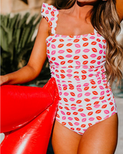 Load image into Gallery viewer, One Piece Swimsuit Red Lip Ruffle
