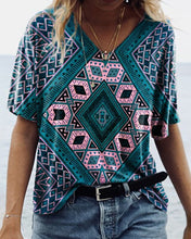 Load image into Gallery viewer, Boho Multicolor Geo Print V Neck Short Sleeve T-shirts
