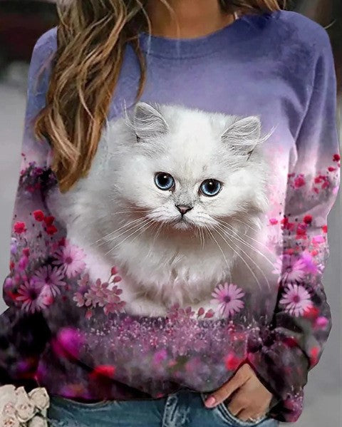 Kitty Pattern Print Round Neck Full Sleeve Sweatshirts