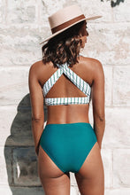 Load image into Gallery viewer, Teal Solid And Striped High Waisted Bikini
