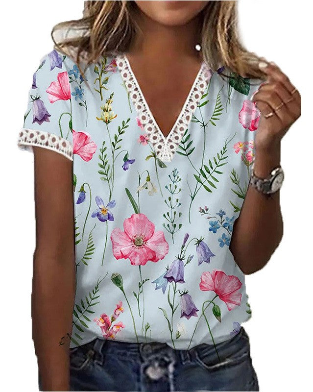 Multicolor Floral Print V Neck Short Sleeve Drop Shoulder Contrast Trim T-shirts
