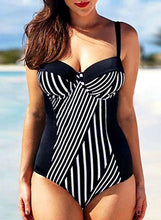 Load image into Gallery viewer, Print Striped Strap V-Neck Sexy Plus Size Vacation One-piece Swimsuits

