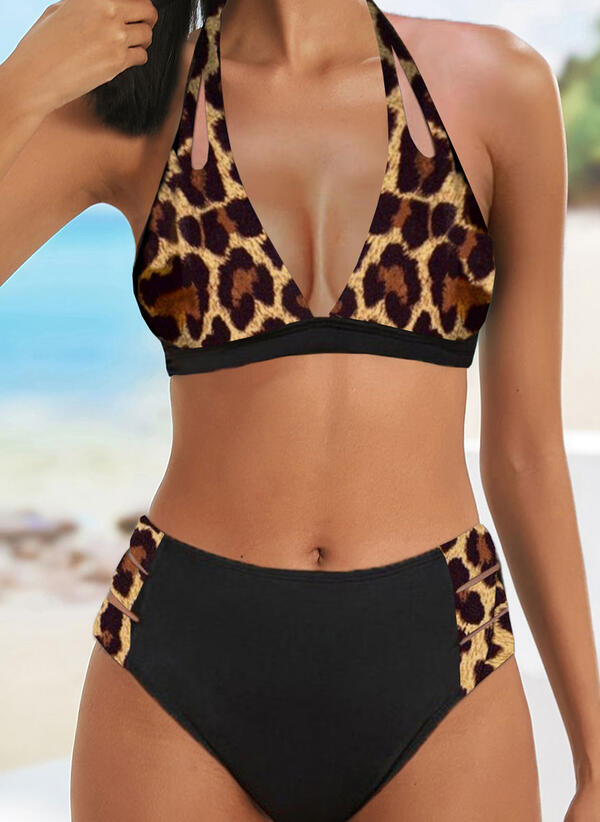 Leopard Strap V-Neck Bikinis