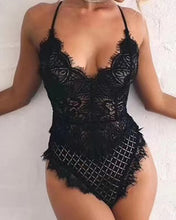 Load image into Gallery viewer, Women&#39;s Solid Color Black V-Neck Spaghetti Strap All-Over Lace Sexy One Piece Swimsuits
