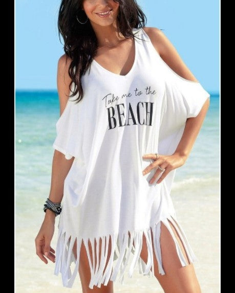 Women's Letter Print V-Neck Cold Shoulder Tassel Fringe Hem Loose Fit Casual Beach Dresses
