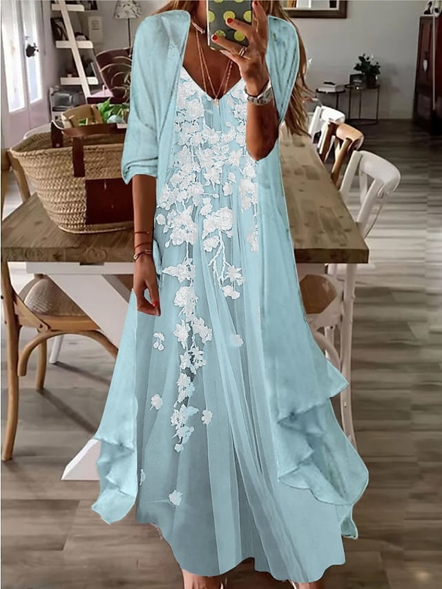 Women's A Line Dress Maxi long Dress Light Blue Half Sleeve Floral Ruched Spring Summer V Neck Casual Sexy 2022 S M L XL XXL 3XL