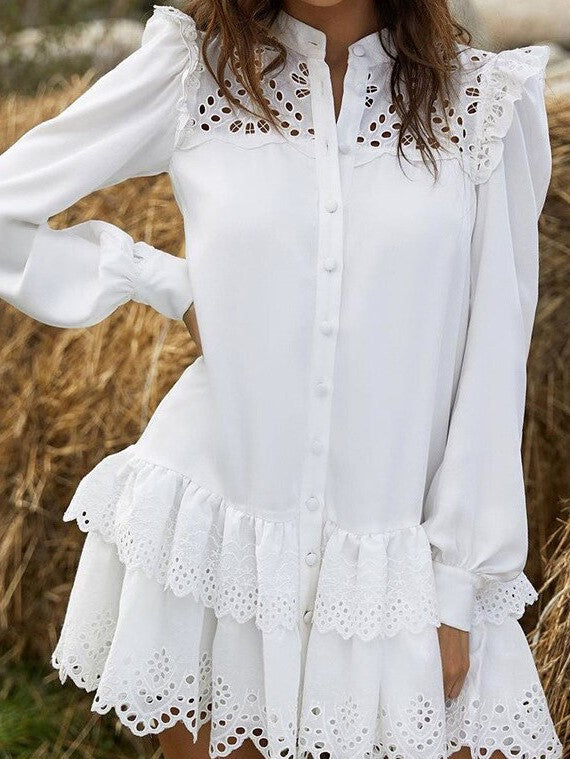 Sexy Cut Out Long Sleeve White Summer Dress With Stand Collar