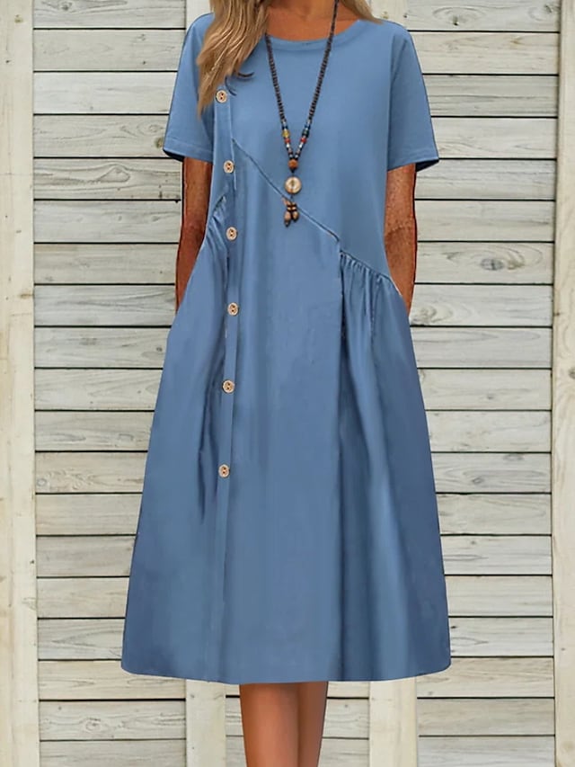 Women's A Line Dress Midi Dress Blue Short Sleeve Solid Color Ruched Spring Summer Crew Neck Elegant Modern