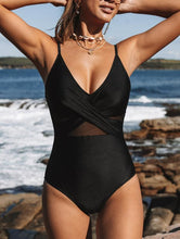 Load image into Gallery viewer, Black And Twist Front Mesh Patchwork One Piece Swimwear
