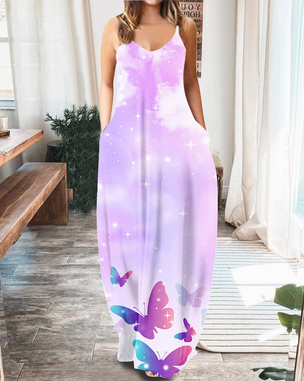 Women Summer Butterfly Print Slip V-Neck Sleeveless Long Dress