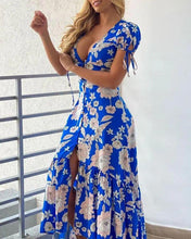 Load image into Gallery viewer, Floral Print Plunge Tied Detail Slit Maxi Dress
