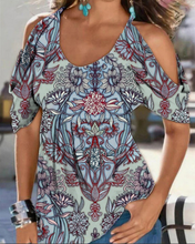 Load image into Gallery viewer, Women&#39;s Round Neck Floral Printed Cold Shoulder Loose Blouse
