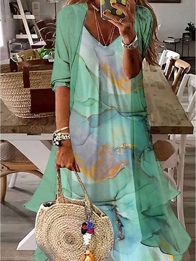 Women's A Line Dress Maxi long Dress Green Navy Blue Half Sleeve Tie Dye Ruched Print Spring Summer V Neck Casual Sexy