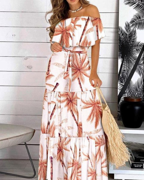 A Line Palm Print Summer Dress Off Shoulder White
