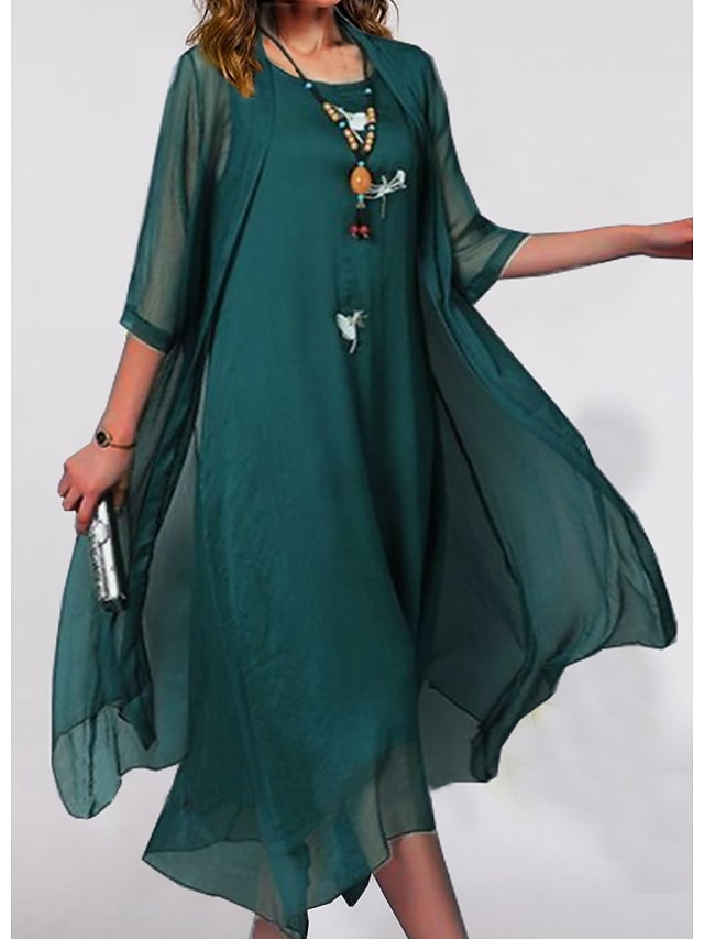 Women's A Line Dress Maxi long Dress Green Half Sleeve Solid Color Ruched Spring Summer Crew Neck Casual Sexy