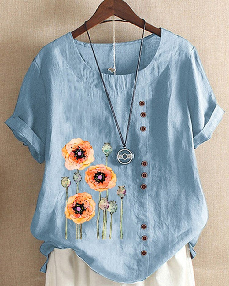 Floral Pattern Round Neck Short Sleeve Loosen Daily T-shirts