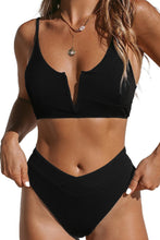 Load image into Gallery viewer, Black Solid Color Slit V Neck High Cut 2 Piece Bikini Set
