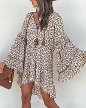 Load image into Gallery viewer, Ditsy Floral Print Bell Sleeve Tassel Swing Dress
