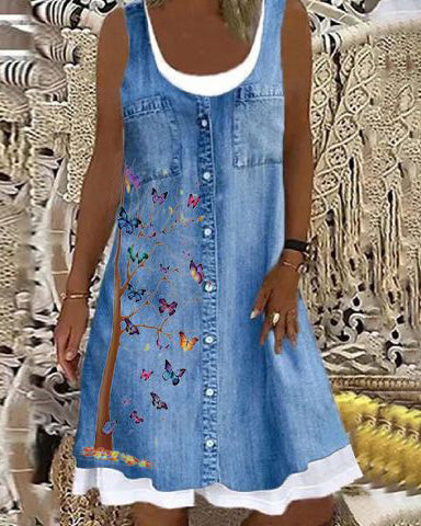 Women's Shift Dress Knee Length Dress Denim color Sleeveless Print Pocket Button Spring Summer Round Neck Casual Daily